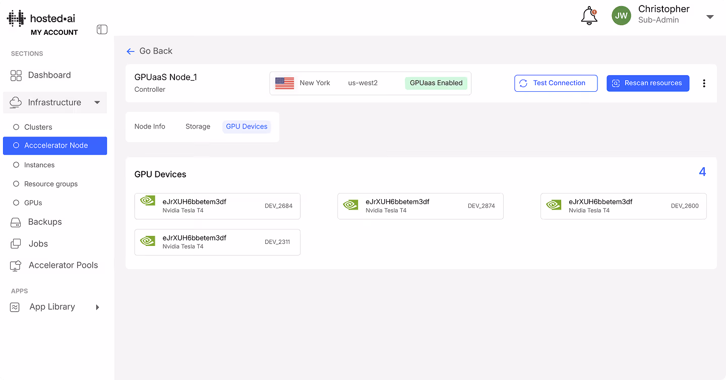 Dashboard showing four Nvidia Tesla T4 GPU devices assigned to GPUaaS Node_1 in New York, US.
