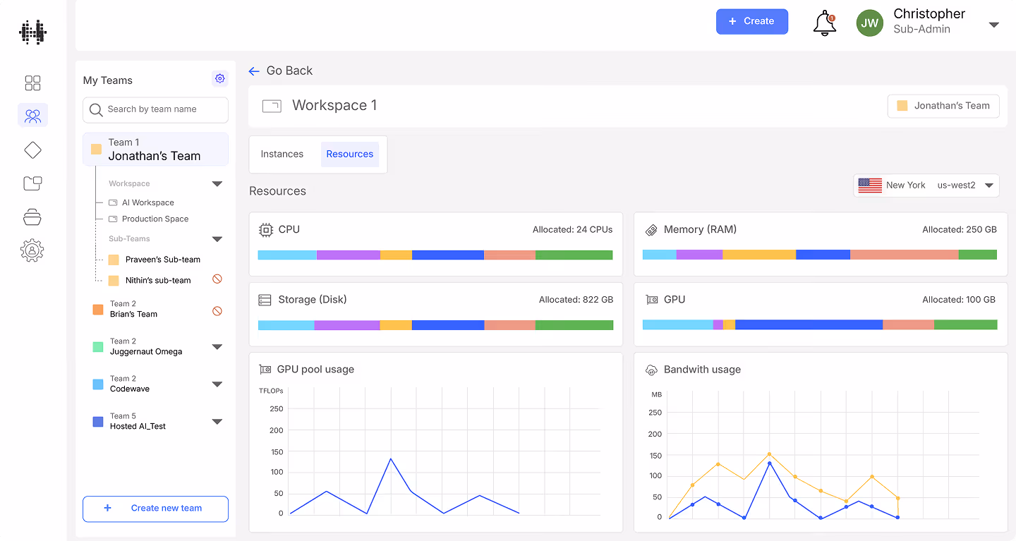 Dashboard showing team workspace resource usage with CPU, memory, storage, GPU, and bandwidth graphs.