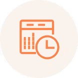 a white circle with orange and black circle with a clock and a graph