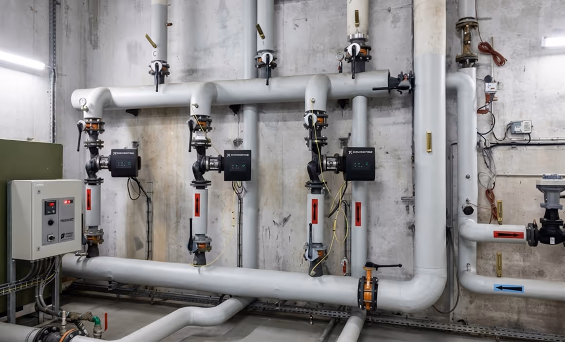 Salle technique avec plusieurs grandes tuyauteries blanches et vannes connectées sur un mur en béton accompagnée par le bureau d'étude dans le cadre d'un suivi d'exploitation et AMO.