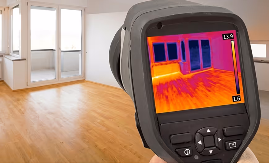 Appareil à imagerie thermique montrant les variations de température dans une pièce vide avec sol en bois et grandes baies vitrées.