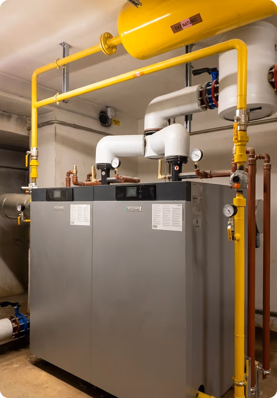 Chaudière industrielle grise avec tuyauterie jaune et blanche pour le gaz naturel dans une pièce technique, qui a été accompagné dans le cadre d'un suivi d'exploitation pour améliorer la durabilité.