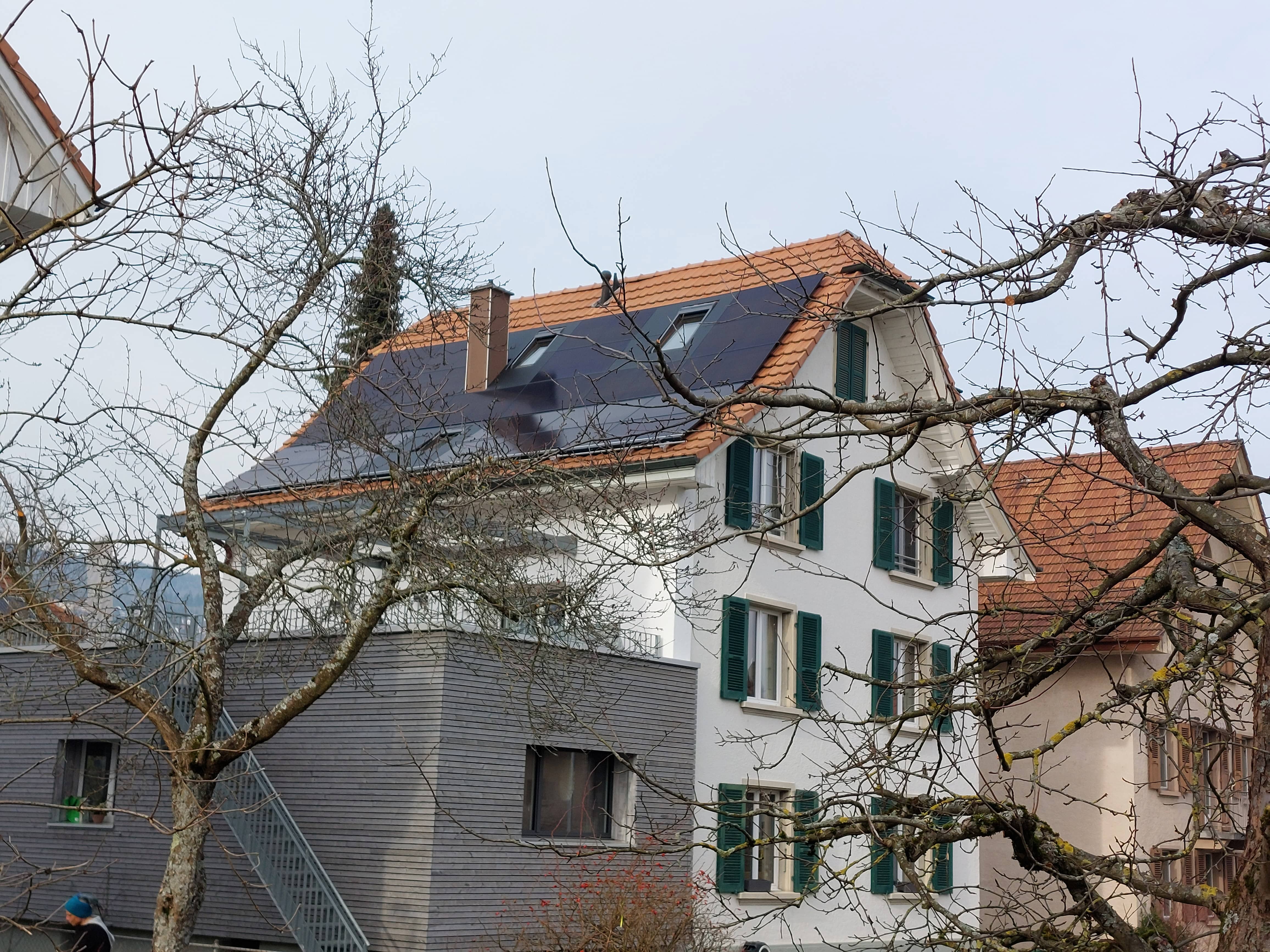 Mehrfamilienhaus mit Solaranlage auf dem Ziegeldach, im Winter durch kahle Äste fotografiert