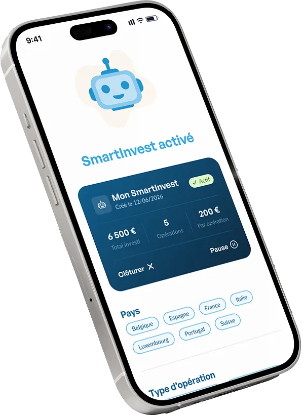 SmartInvest activé sur smartphone affichant investissements, pays sélectionnés et options d'opération.