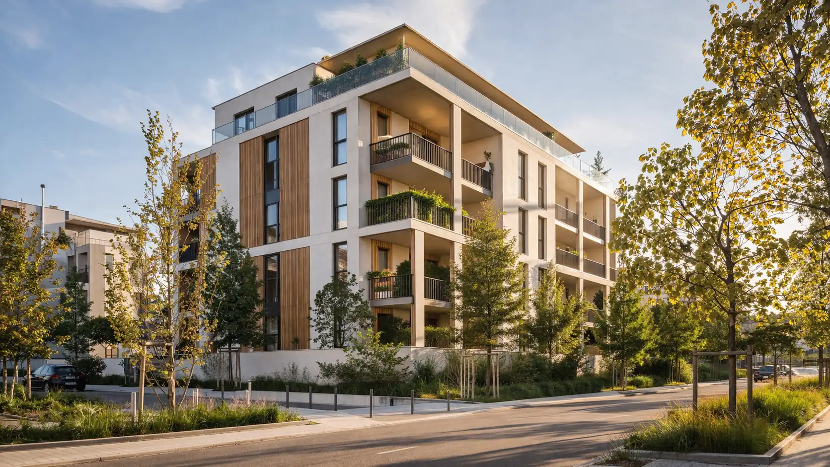 Immeuble moderne avec balcons et végétation, entouré d'arbres le long d'une rue calme.