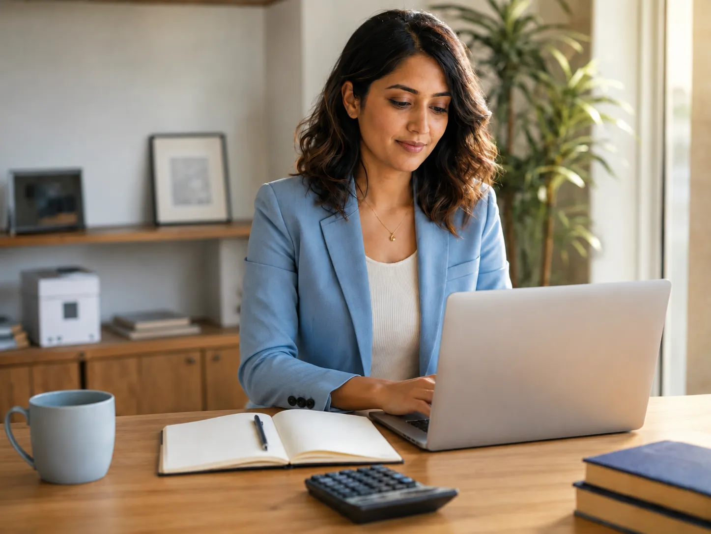 Femme travaillant sur un ordinateur portable à un bureau avec un carnet, une calculatrice et une tasse.