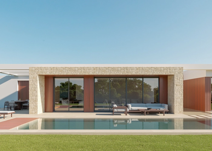 Maison moderne avec grandes baies vitrées, terrasse et piscine au premier plan.