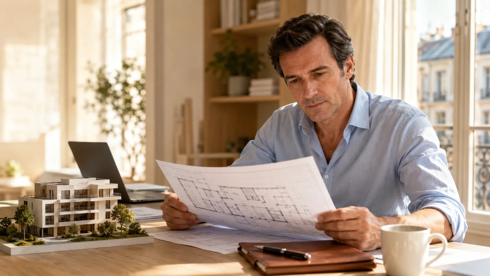 Homme examinant des plans architecturaux avec maquette de bâtiment sur bureau clair.