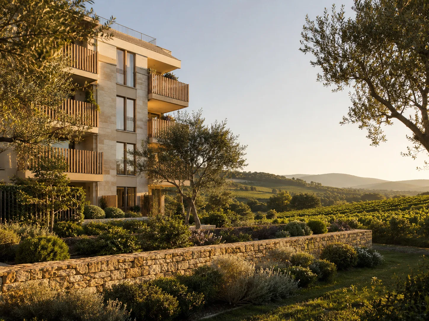 Complexe résidentiel moderne entouré de jardins et vignobles au coucher du soleil.