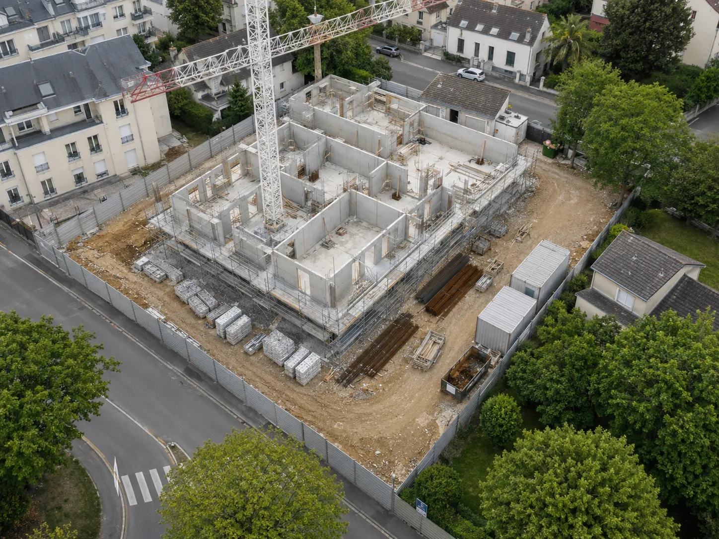 Vue aérienne d’un chantier de construction d’un bâtiment en béton entouré de maisons et arbres.