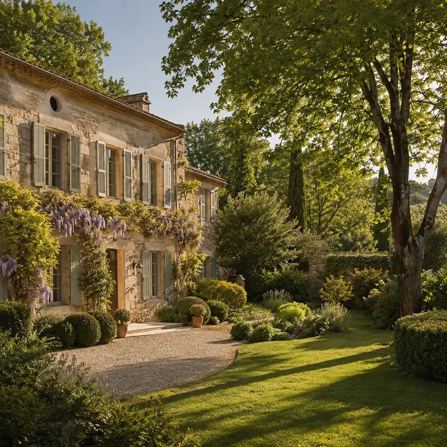 A stone house with blue shuttered windows, surrounded by a lush garden at sunset.