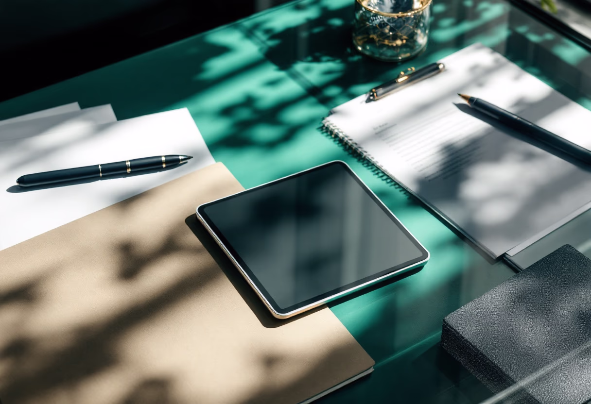 image of a desk workspace with tablets (for a legal tech)
