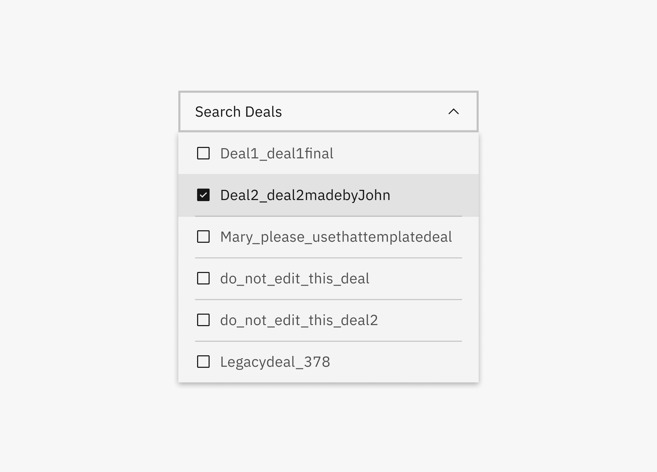 Dropdown menu titled Search Deals with multiple selectable deal options, one checked.
