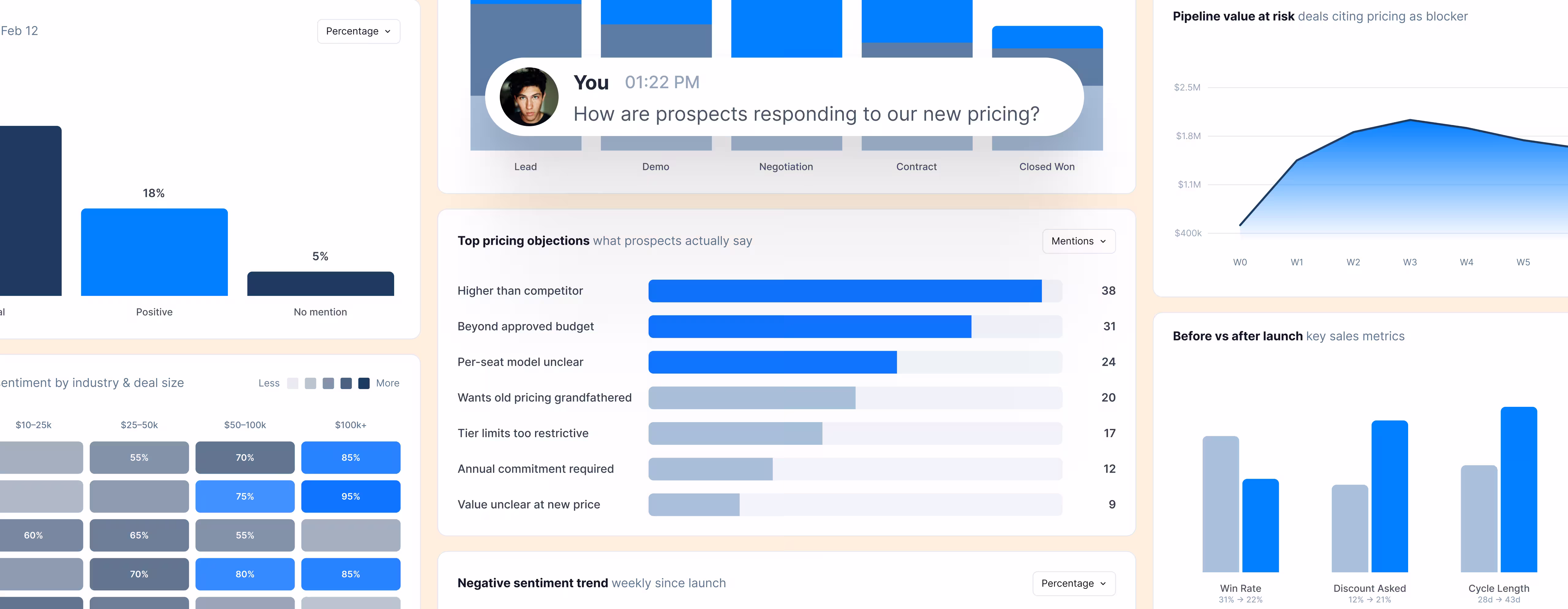 Sales dashboard showing pricing objections, sentiment by industry, pipeline risk, and before vs after launch metrics.