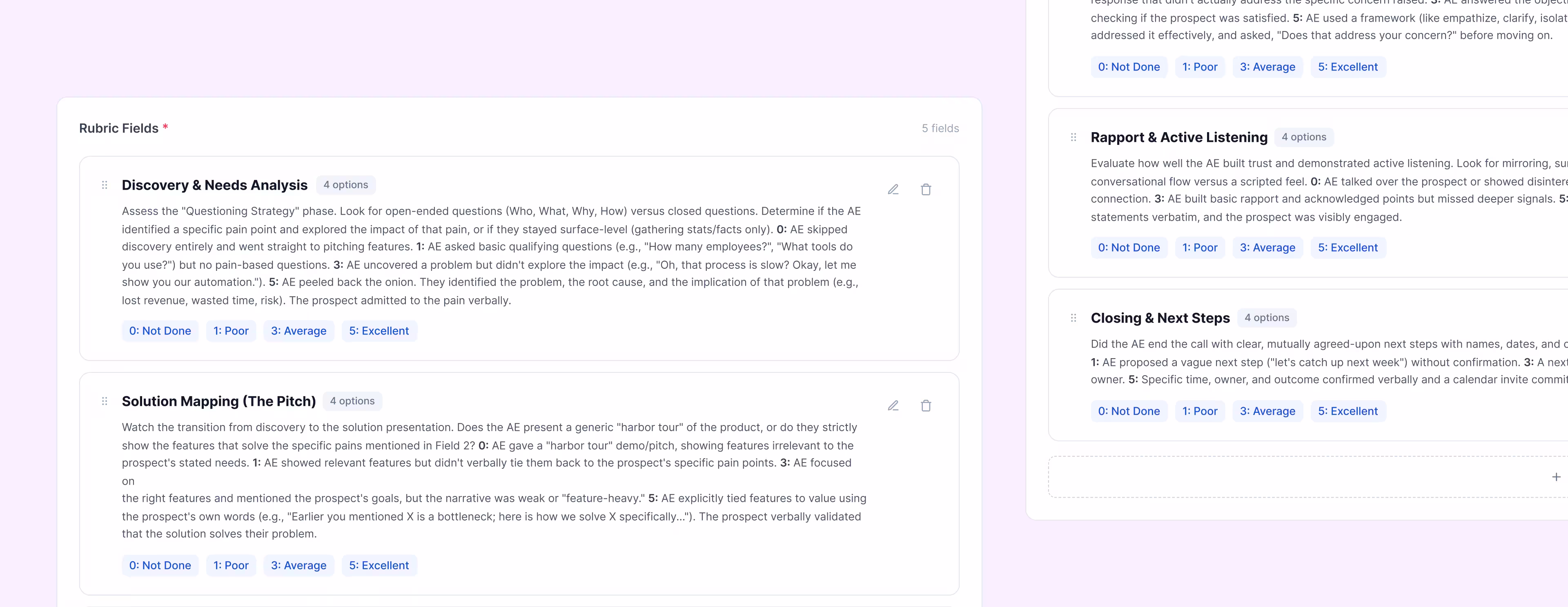 Screenshot of a rubric with fields: Discovery & Needs Analysis and Solution Mapping with rating options.