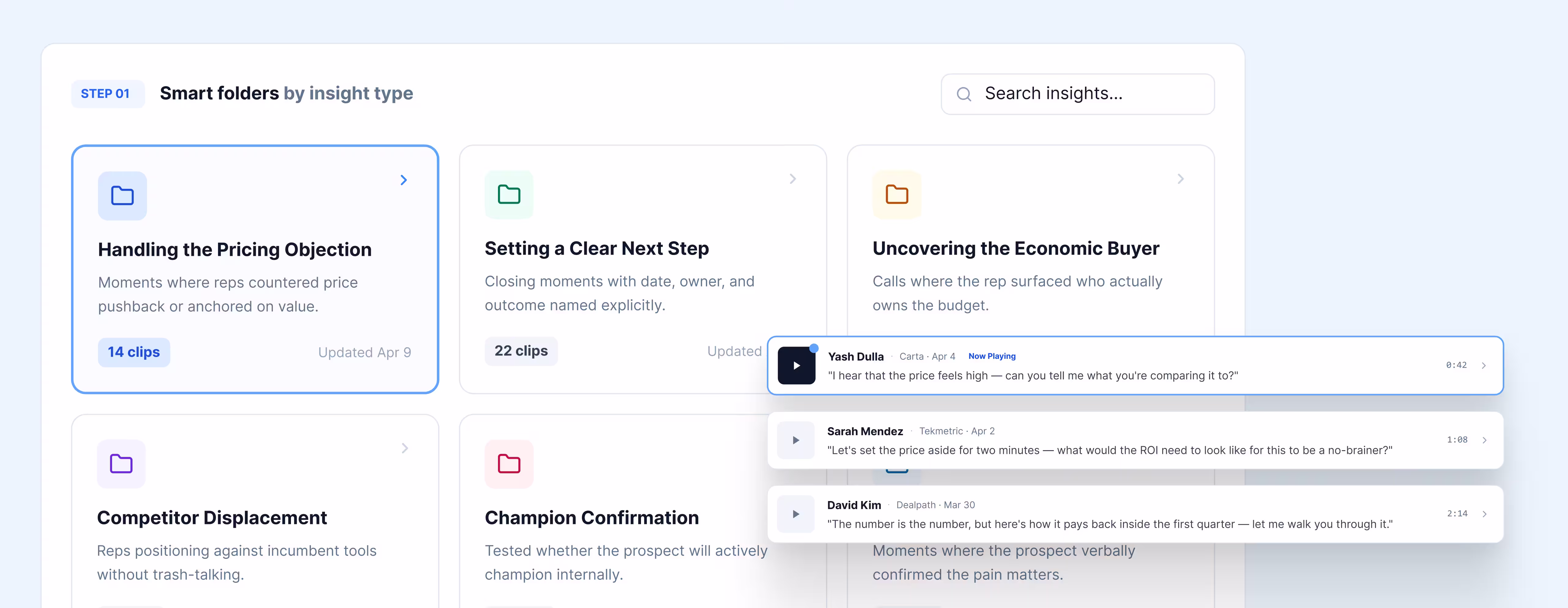 Dashboard showing smart folders by insight type with clips on pricing, next steps, buyer, competitor, and champion topics.