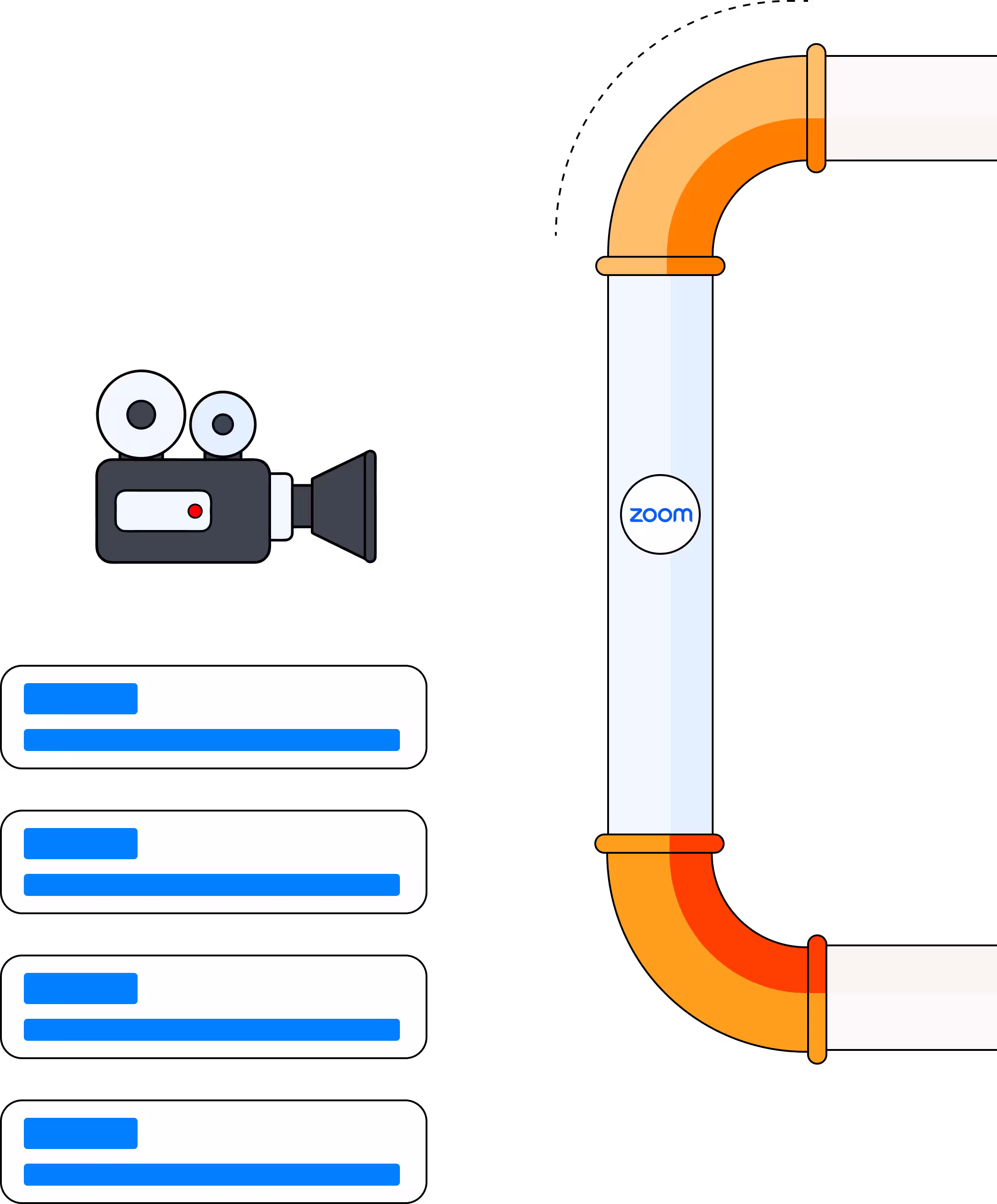 Illustration of a video camera feeding data into a pipeline labeled Zoom with data blocks beside it.