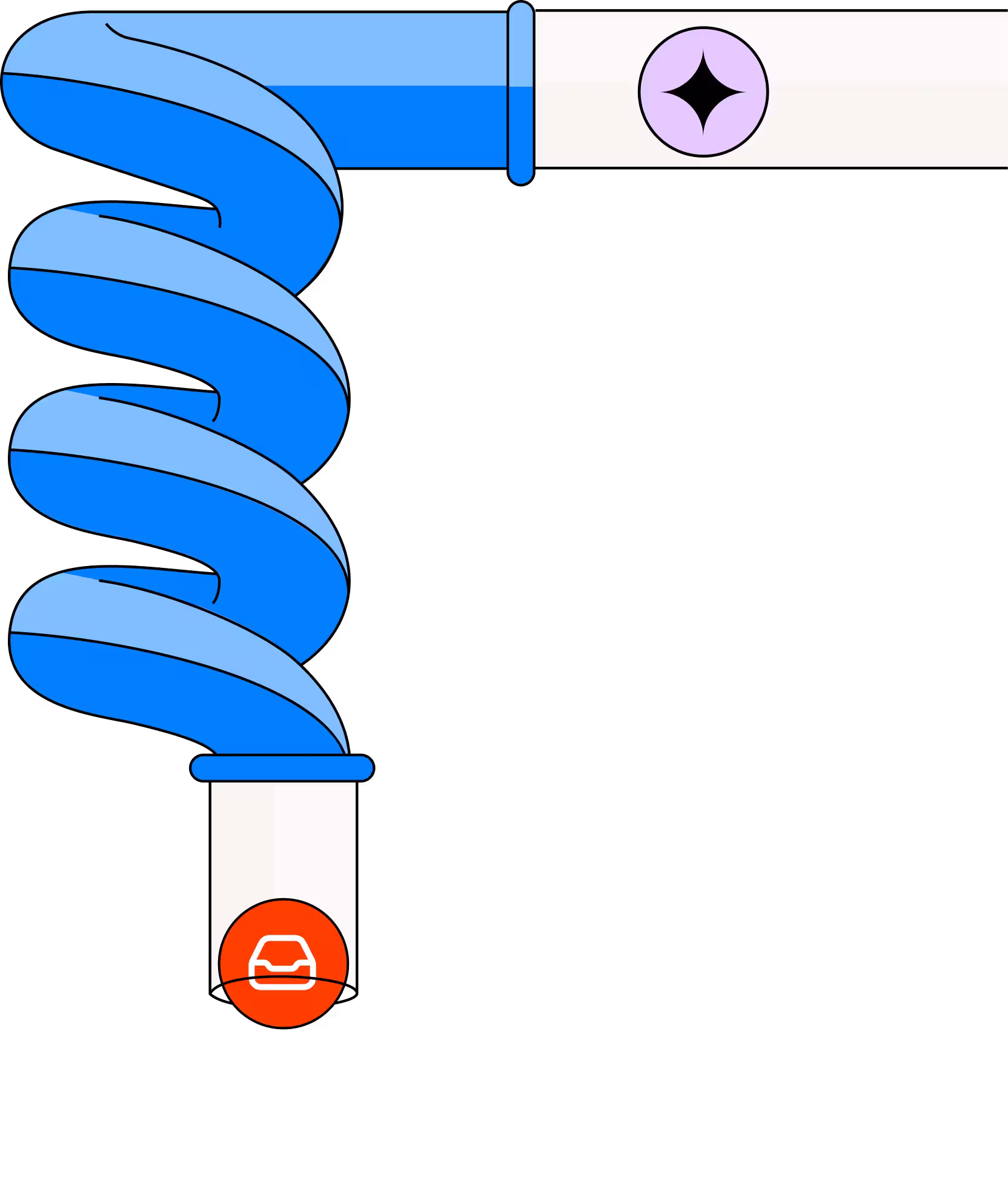 Blue and light blue air duct bends connecting a white pipe with a red icon of a printer tray.