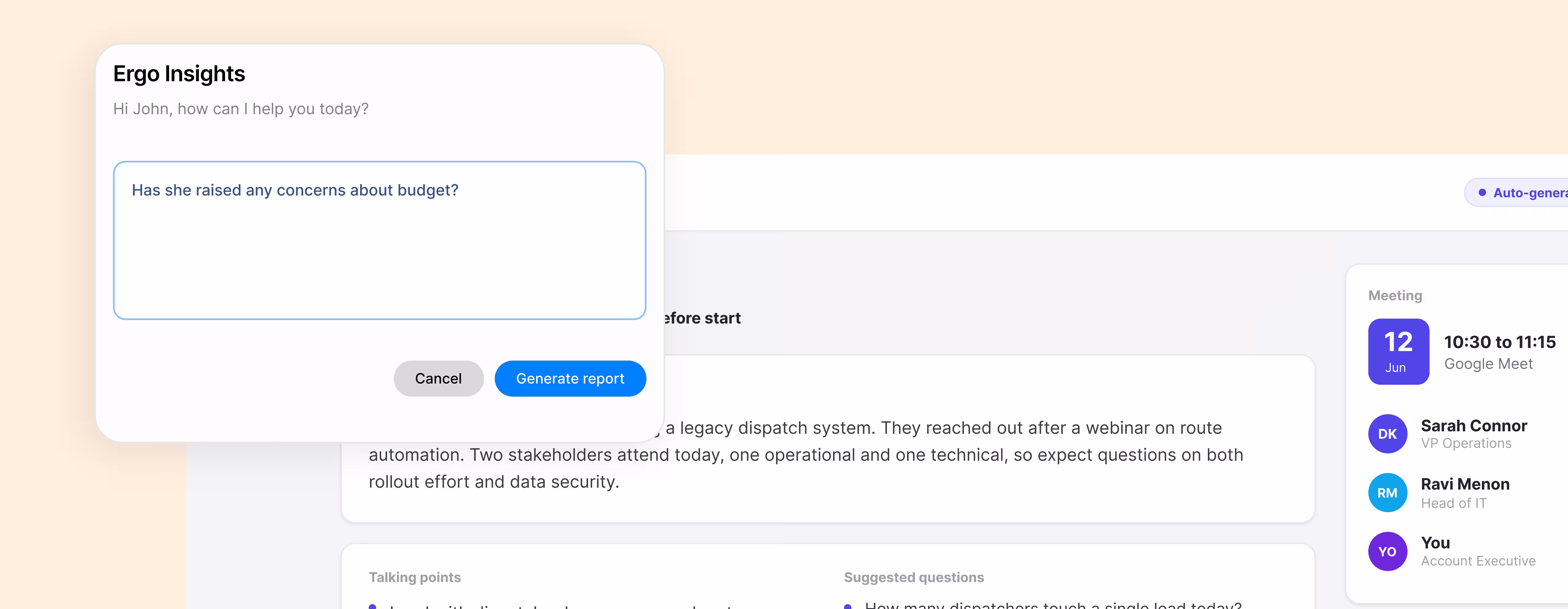 Ergo Insights chat window asking if she has raised any concerns about budget with buttons Cancel and Generate report.