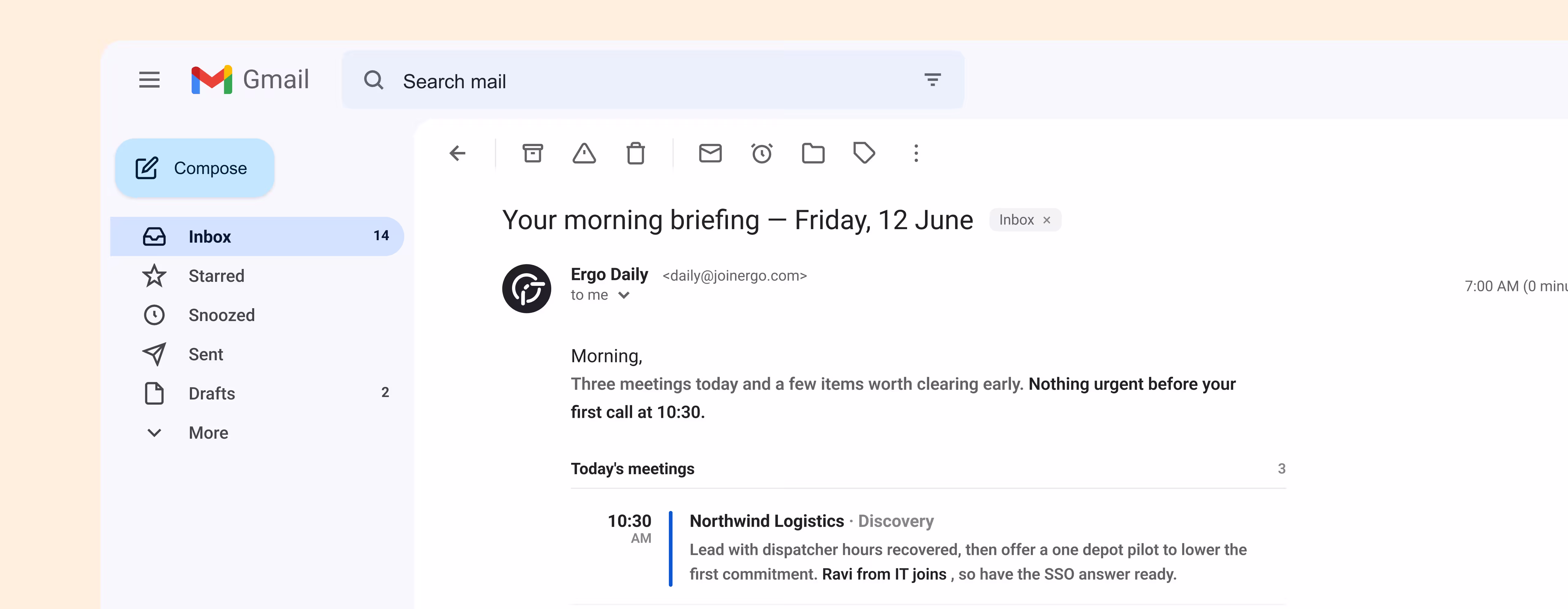 Gmail inbox showing an email titled 'Your morning briefing – Friday, 12 June' with meeting details at 10:30 AM.