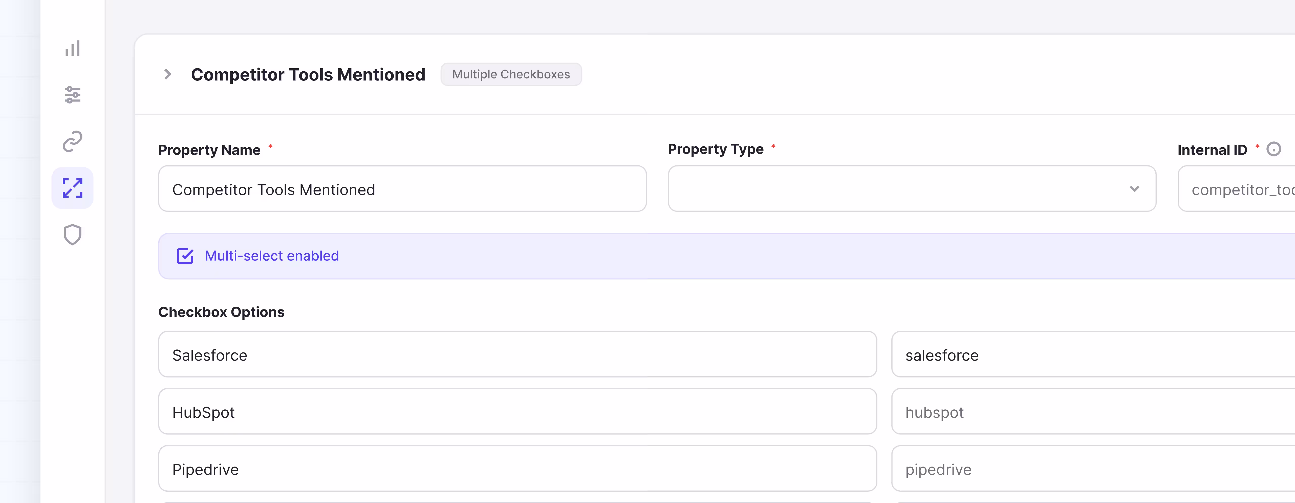 Form interface showing multi-select enabled for Competitor Tools Mentioned with options Salesforce, HubSpot, and Pipedrive.