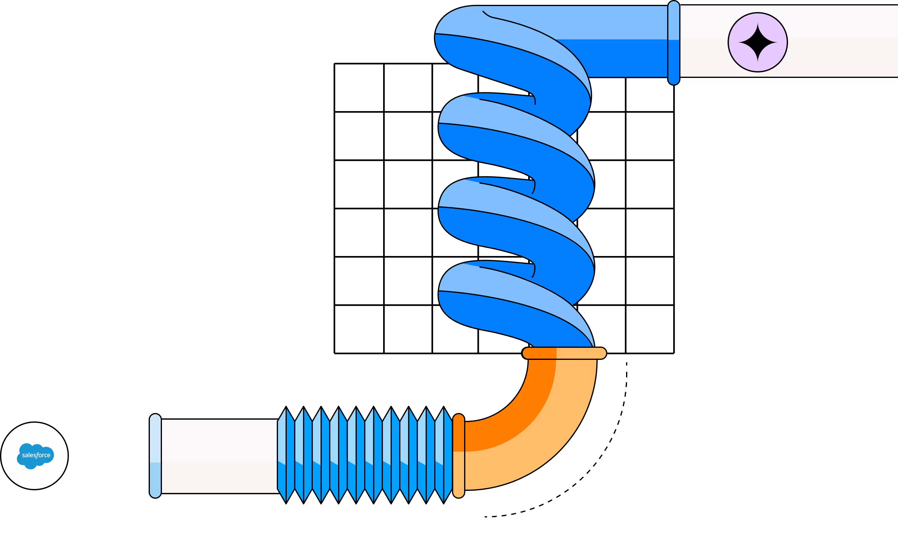Illustration of a flexible blue and orange pipeline with a spiral section and connectors on each end.