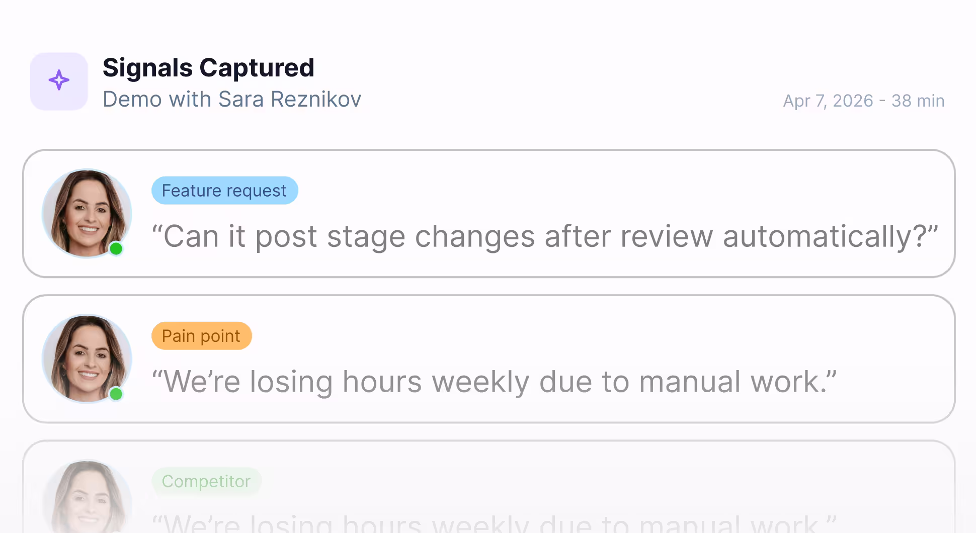 Chat showing Sara Reznikov's feature request on auto-posting stage changes and pain point on losing hours weekly.
