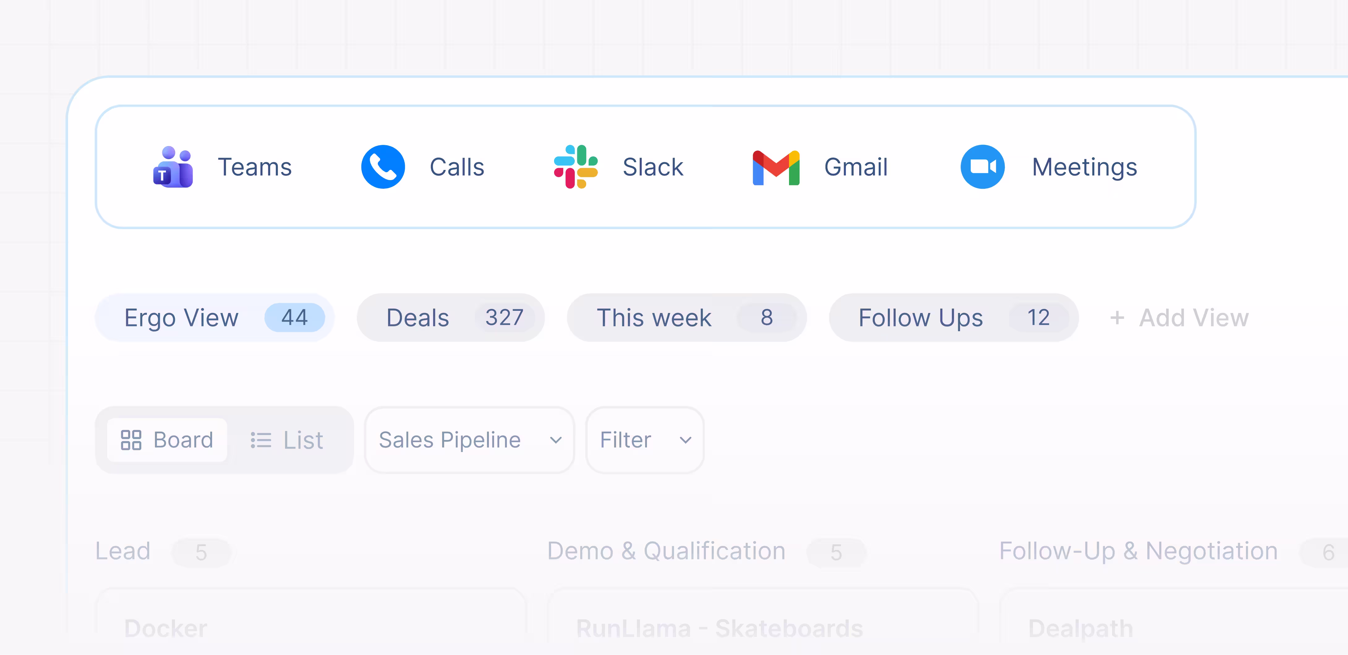 Interface with Teams, Calls, Slack, Gmail, Meetings icons and sales dashboard filters and stats.
