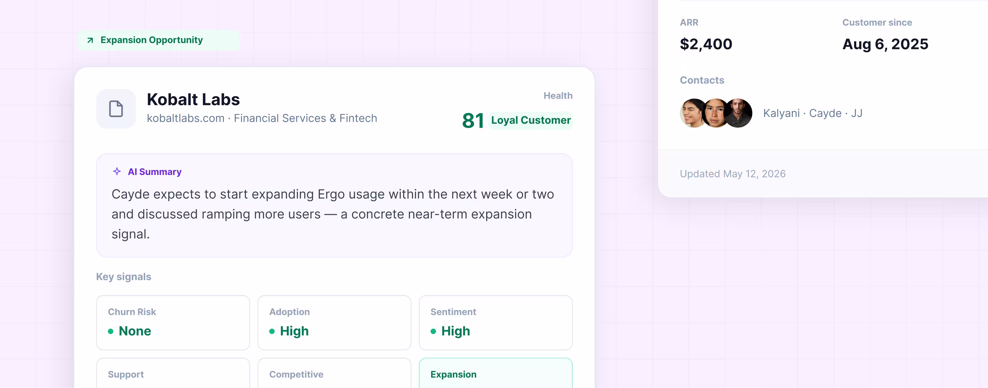 Kobalt Labs profile showing $2,400 ARR, August 6, 2025 customer since, and high adoption with no churn risk.