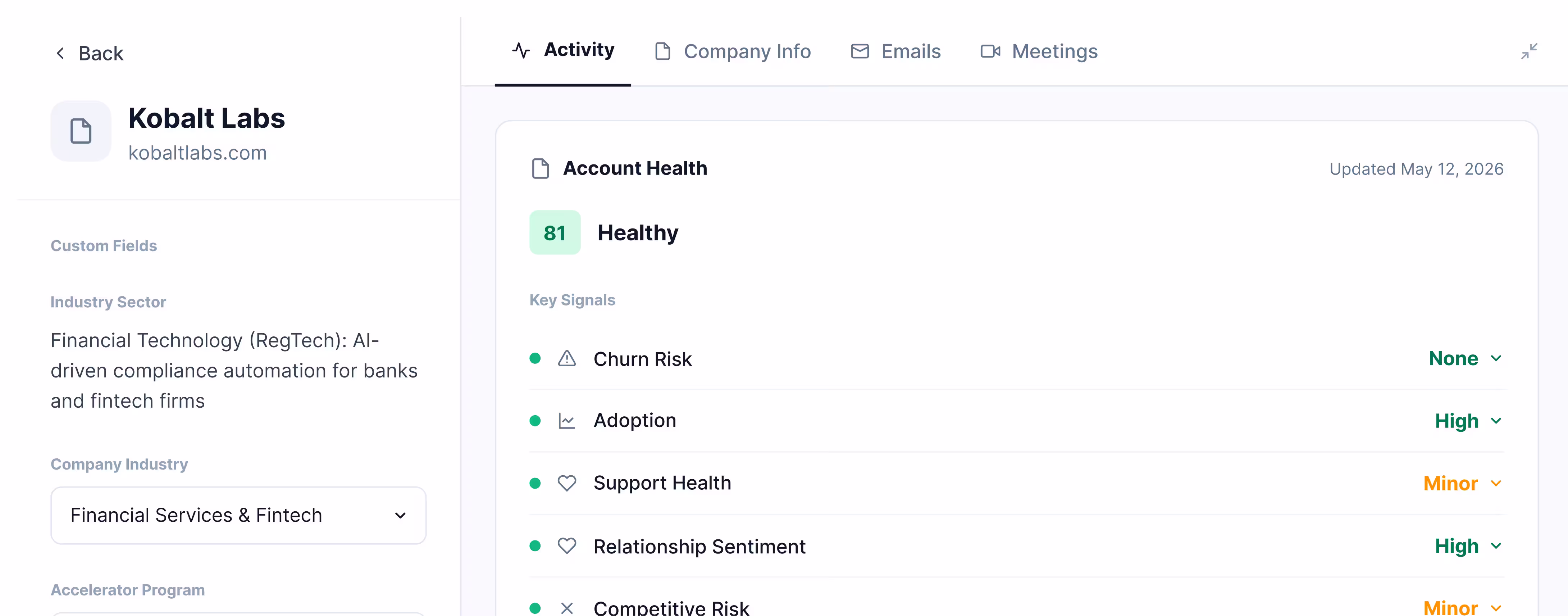 Activity dashboard for Kobalt Labs showing account health score 81 with key signals like churn risk and adoption levels.