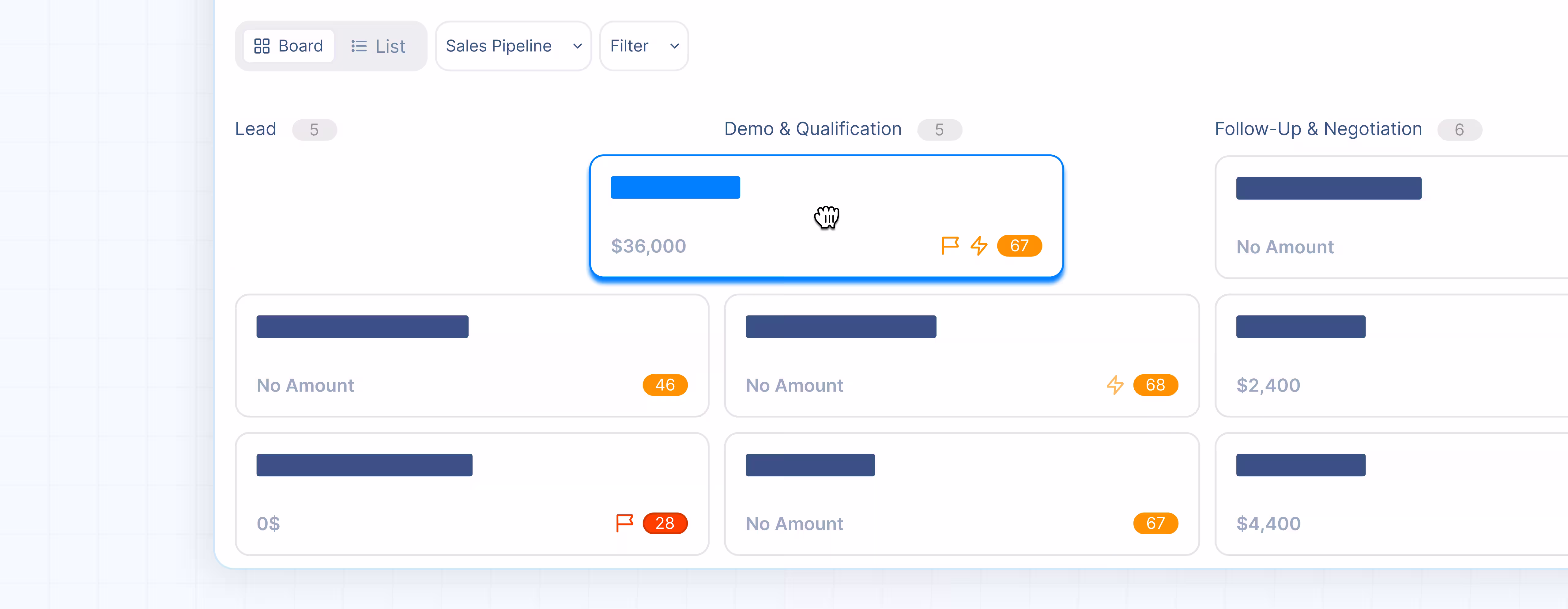 Sales pipeline board with columns Lead, Demo & Qualification, Follow-Up & Negotiation showing deal values and flags.
