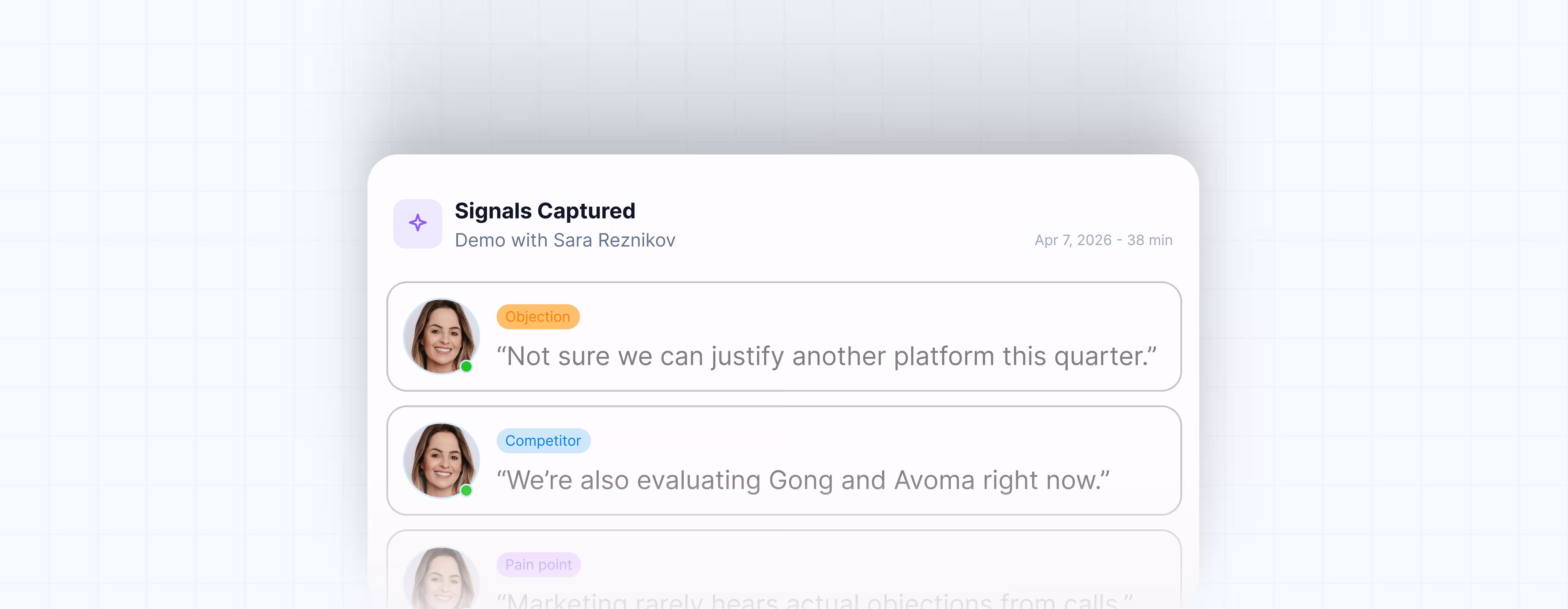 Chat interface showing captured signals with objections and competitor comments from a demo call with Sara Reznikov.