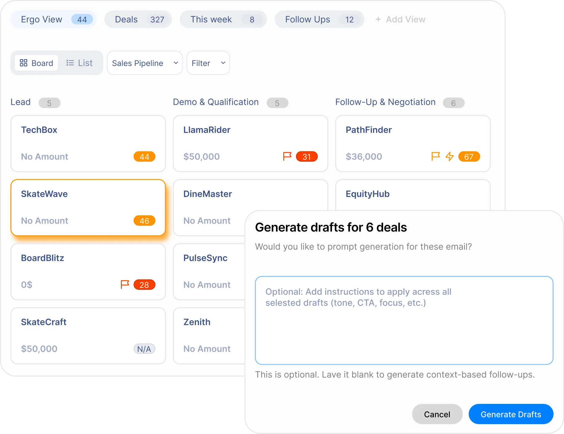 Sales pipeline board with deals in lead, demo, and negotiation stages plus a draft generation prompt box.