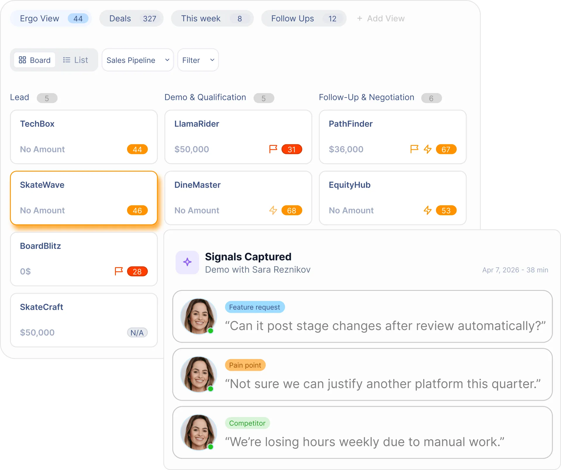 Sales pipeline with columns Lead, Demo & Qualification, Follow-Up & Negotiation and customer feedback messages.