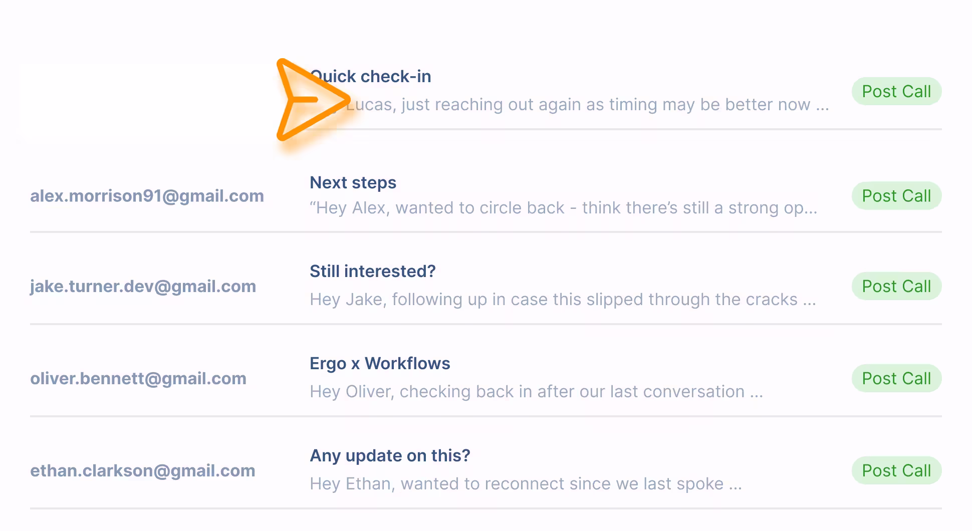 Email list showing contacts with subject lines and green 'Post Call' buttons on the right side.