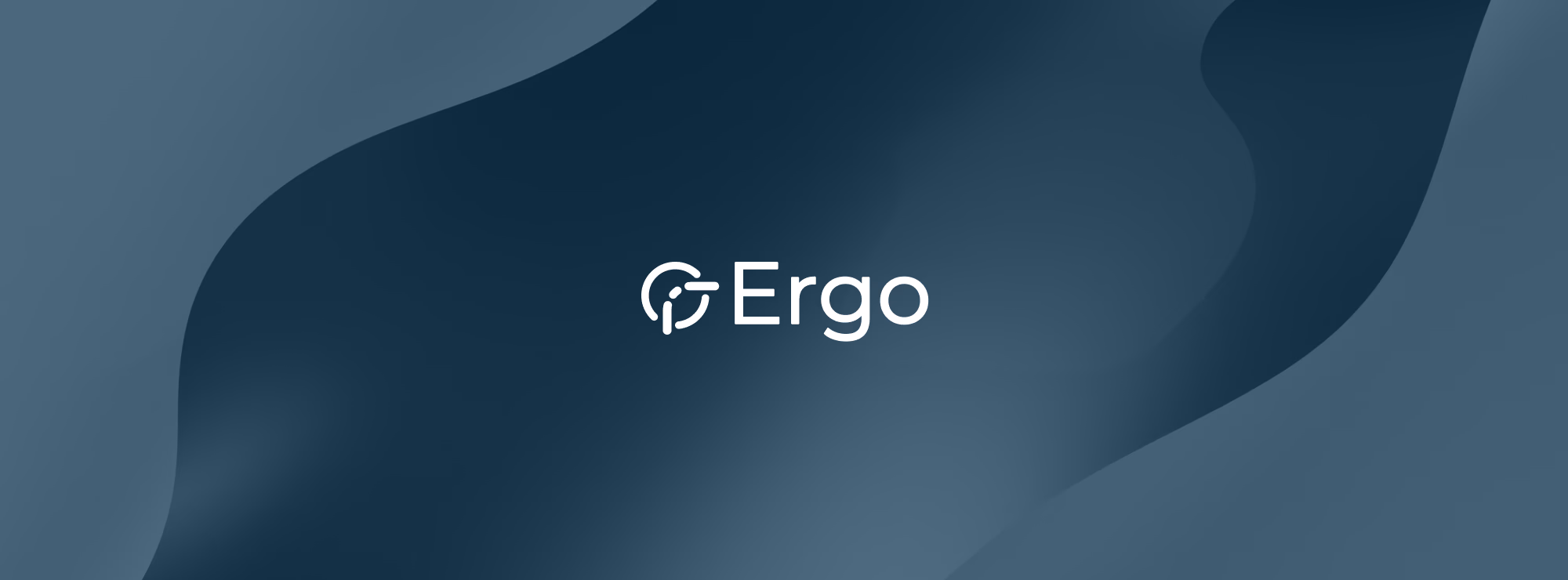 White Ergo logo with a stylized clock icon on a blue abstract background.
