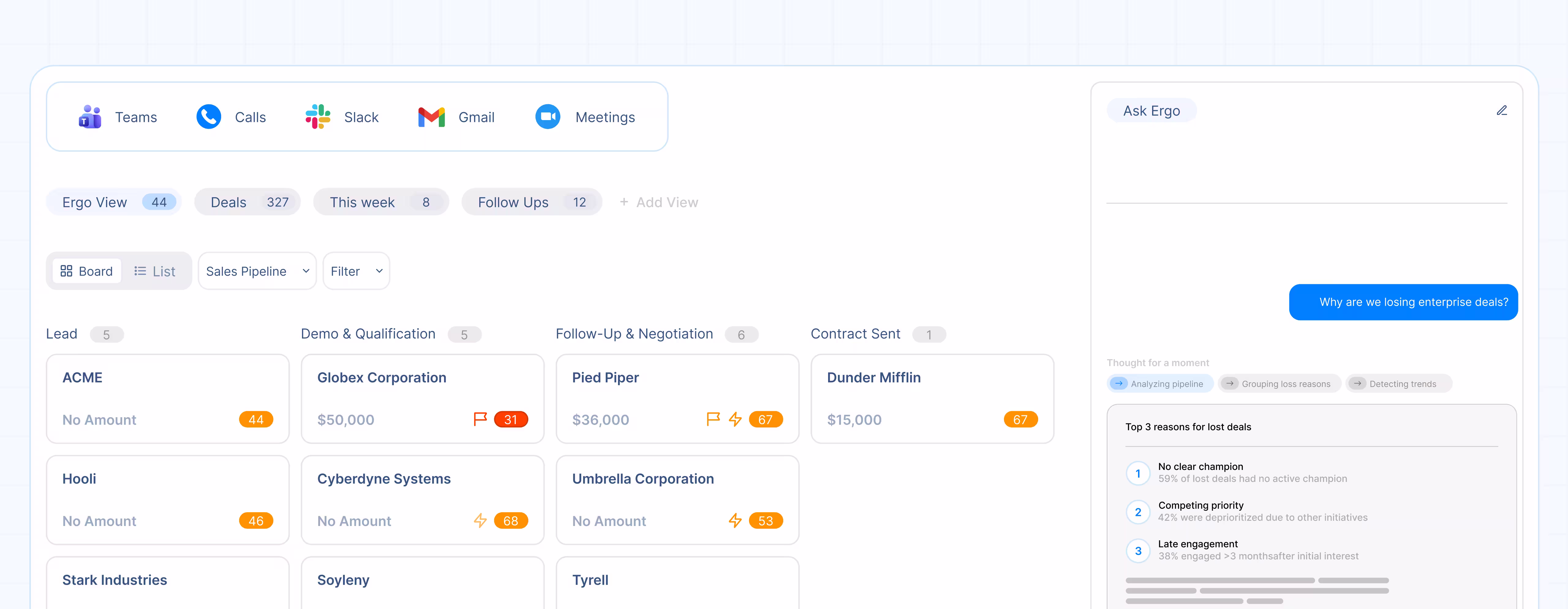 Sales pipeline dashboard with deal stages, values, and top reasons for lost deals analysis.