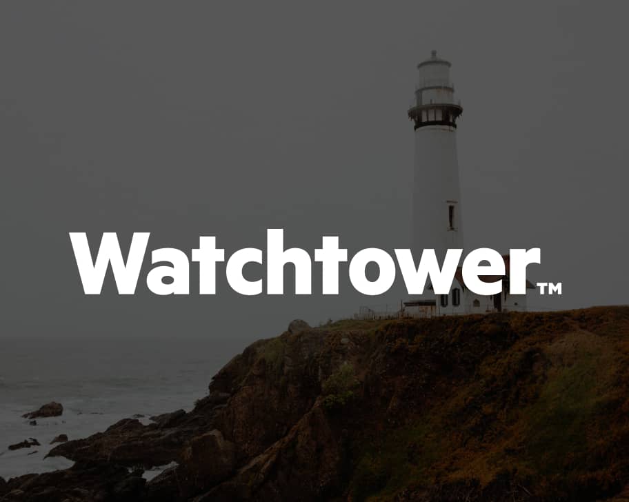 Watchtower™ remote monitoring software branding, shown with a coastal lighthouse image