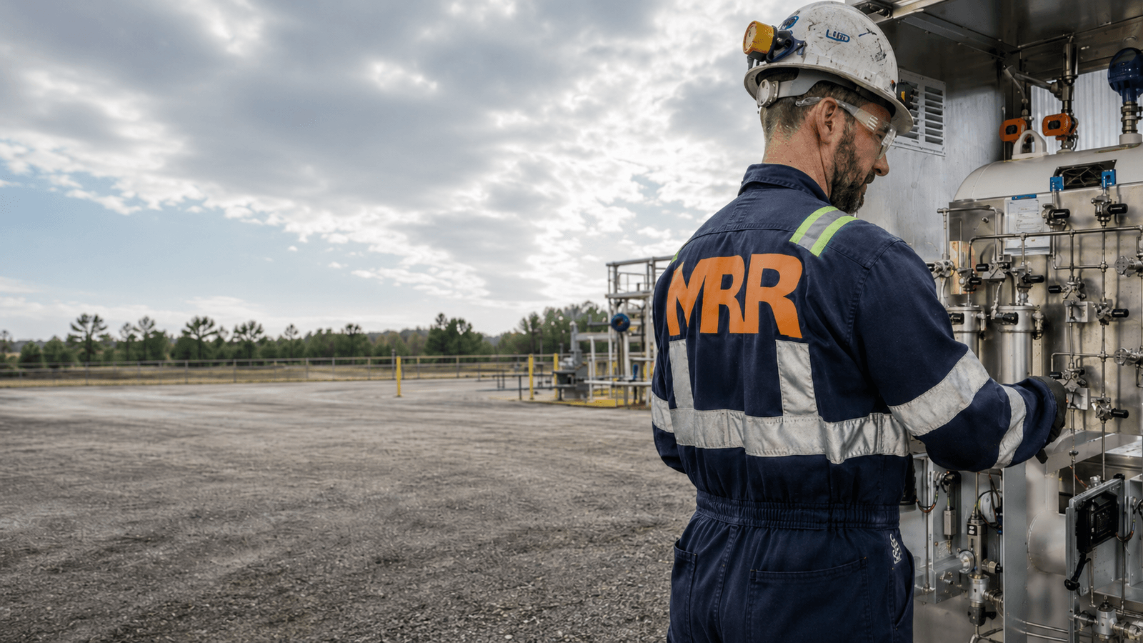 MRR technician monitoring gas pipeline flow metering equipment with a laptop