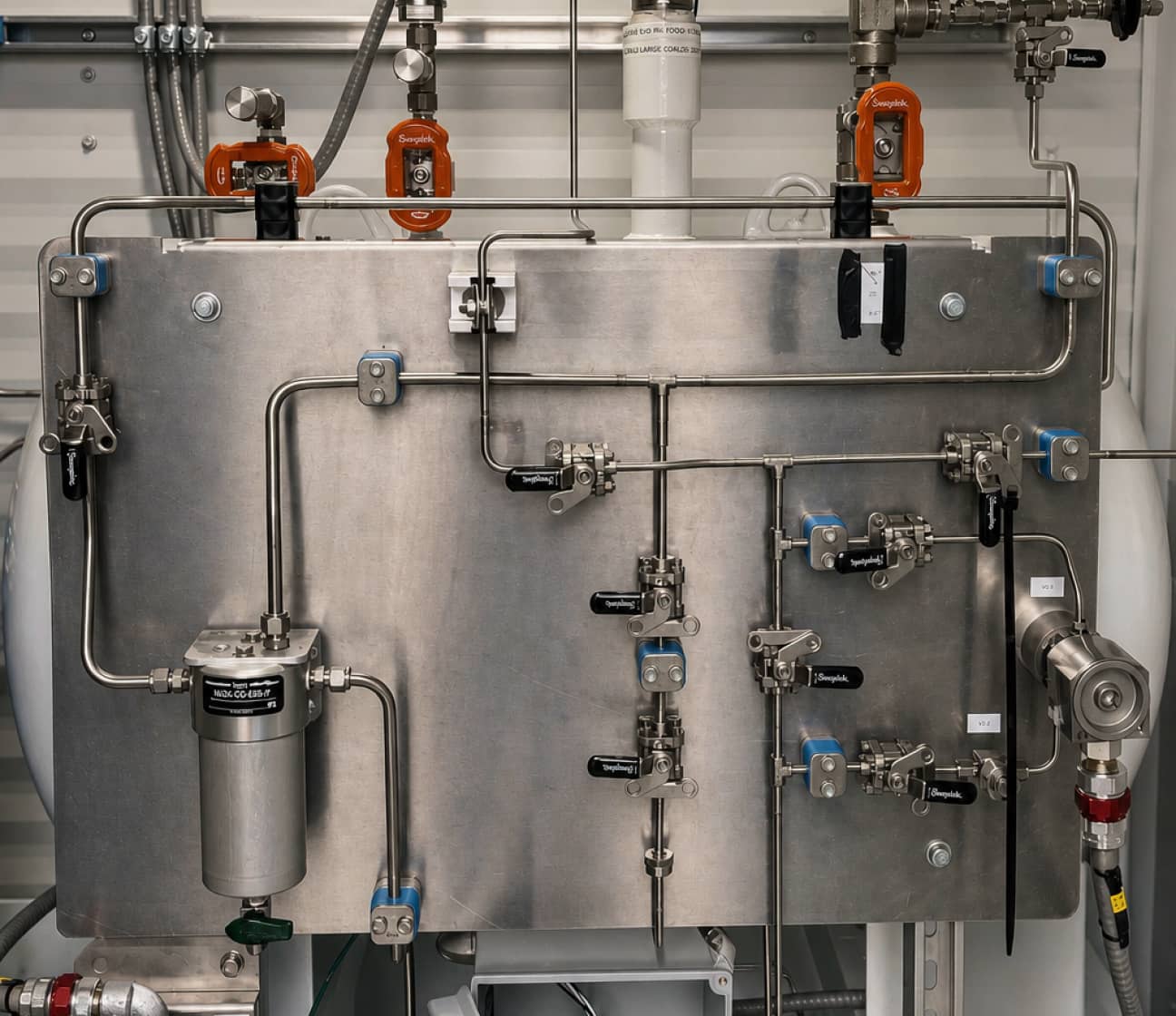 Close-up of odorization equipment piping with regulators and valves, representing the Engineering and Design step