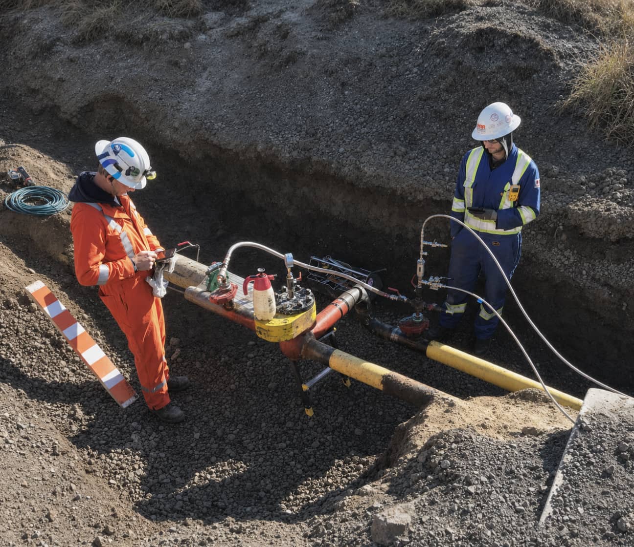 MRR technicians conditioning new pipeline sections in a trench, representing the Pipeline Conditioning/Pickling step