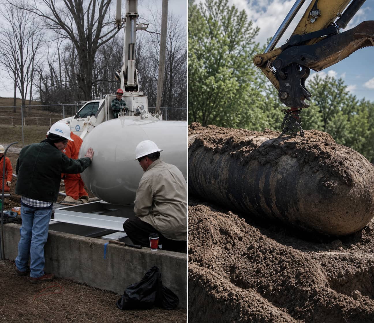 A crane lowering an odorant tank and an excavator clearing soil, representing the Installation and Decommissioning step