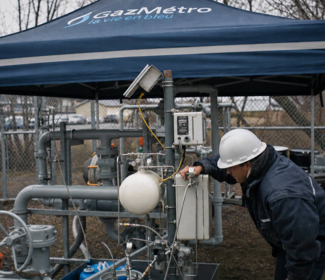 An MRR technician adjusting odorization equipment at a GazMétro field site, representing the Correct step