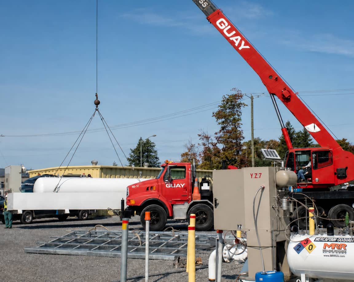 Crane truck installing an odorizer skid at an MRR job site