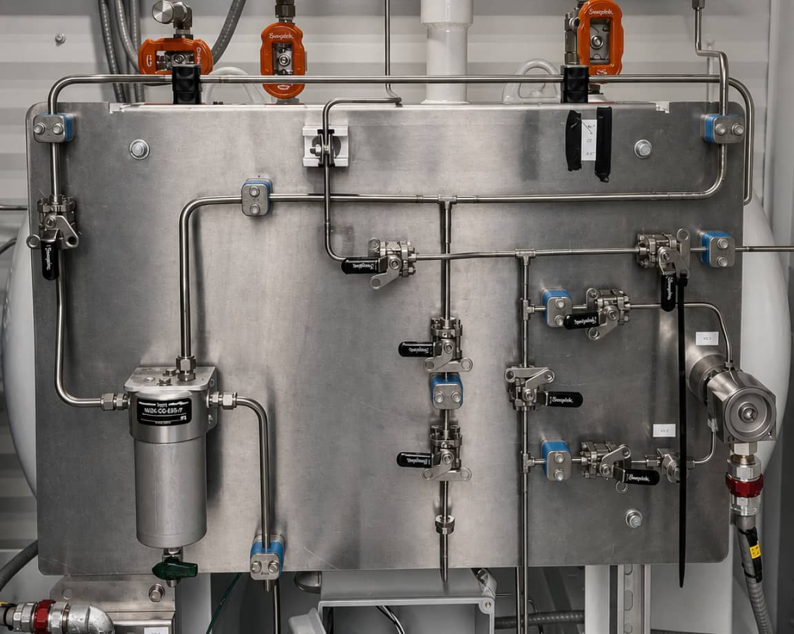 Close-up of stainless steel odorant metering skid piping and valves