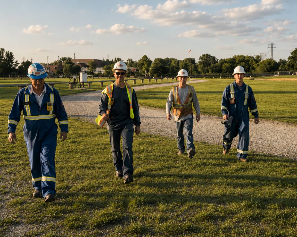 MRR field technicians in full PPE walking a jobsite, reflecting the company's Frontrunners mindset