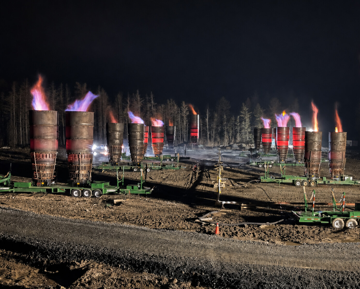 Nighttime gas well site with multiple flare stacks burning