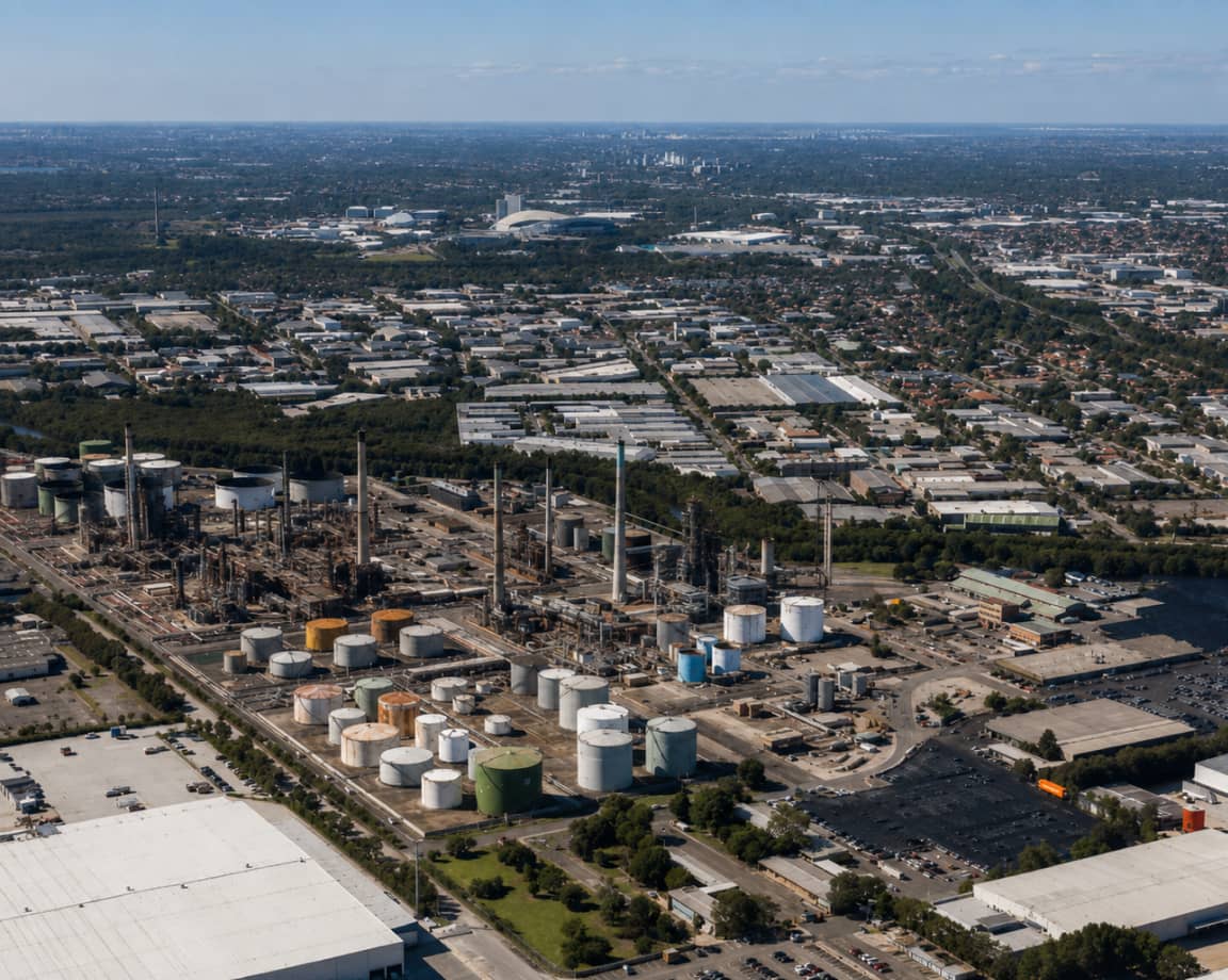 Aerial view of a refinery complex with storage tanks and processing units