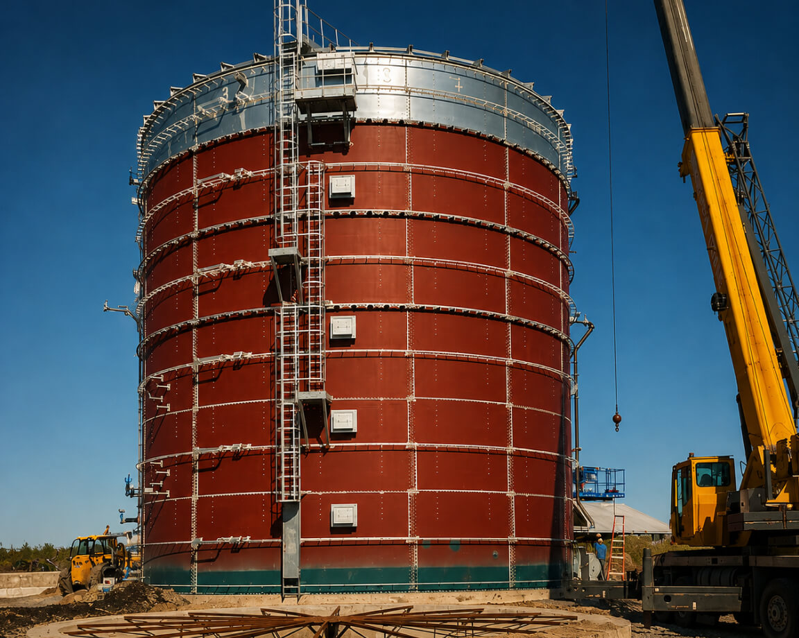 Digester tank under construction at an RNG facility with crane on site