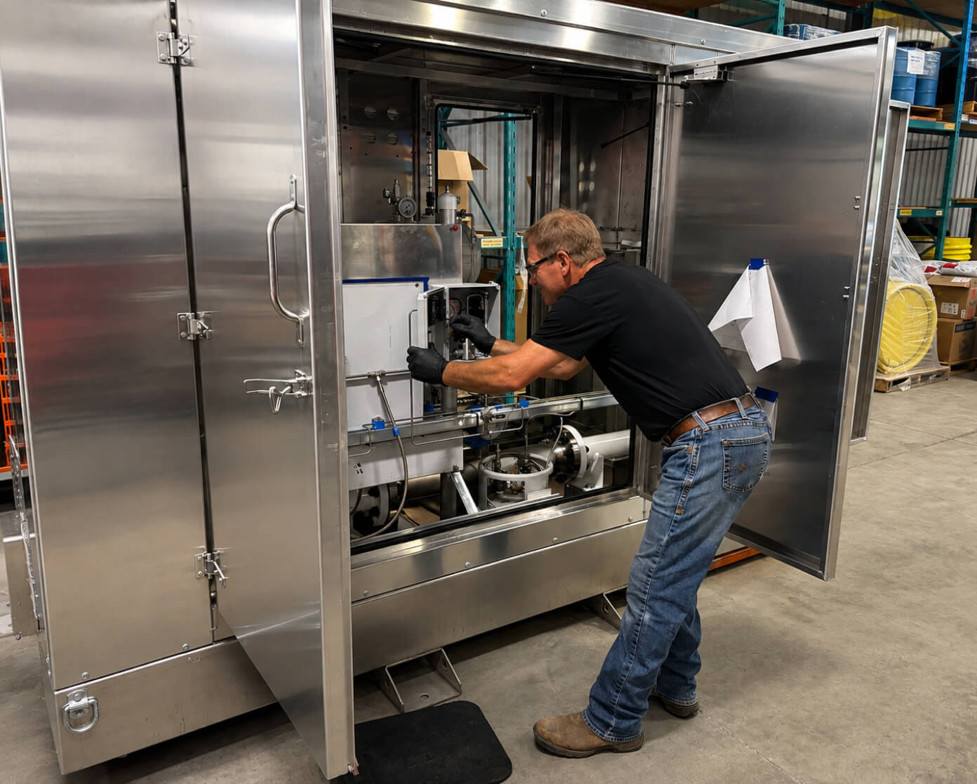 MRR technician assembling components inside an odorization skid enclosure